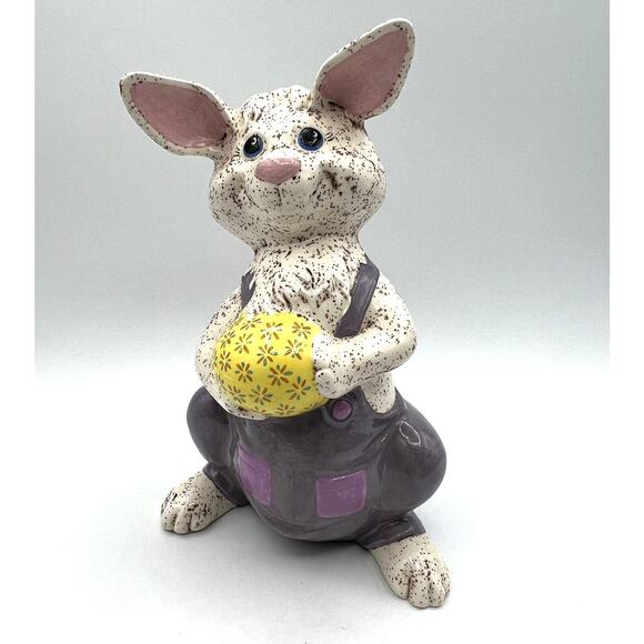 Vintage Ceramic Derpy Easter Rabbit Egg Spring Bunny Overalls 10" - Picture 1 of 5